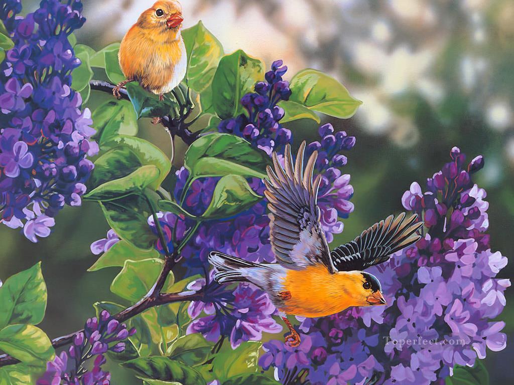 鳥と紫の花油絵